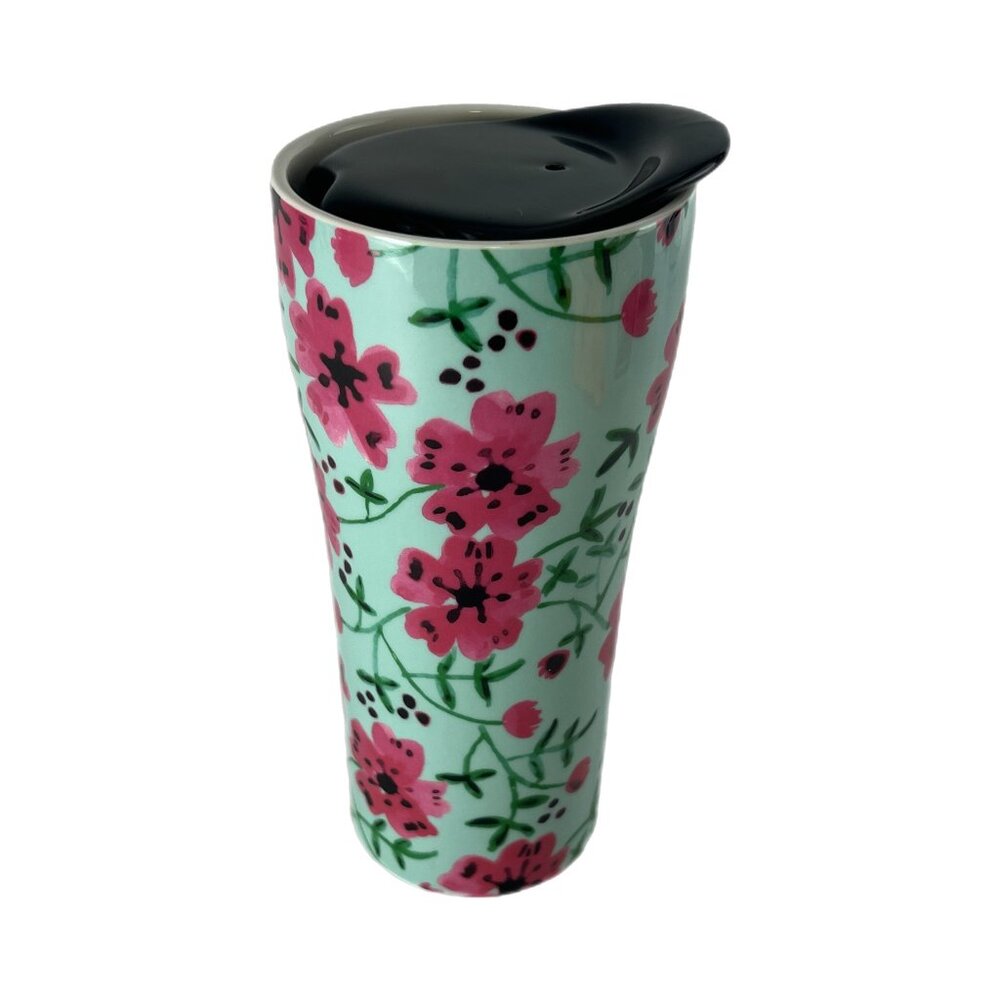 Pretty Pink and Green Floral Design 400ml Porcelain Travel Tumbler by Ciroa EUC